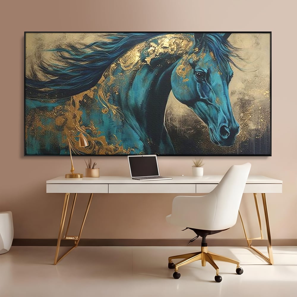 Tablou canvas cu tablou canvas cu cal albastru si auriu, in rama de aluminiu negru, pe perete intr-un birou